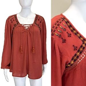 Japna Crinkled Peasant Top Size Large Burnt Orange Aztec Embroidered Lace Up